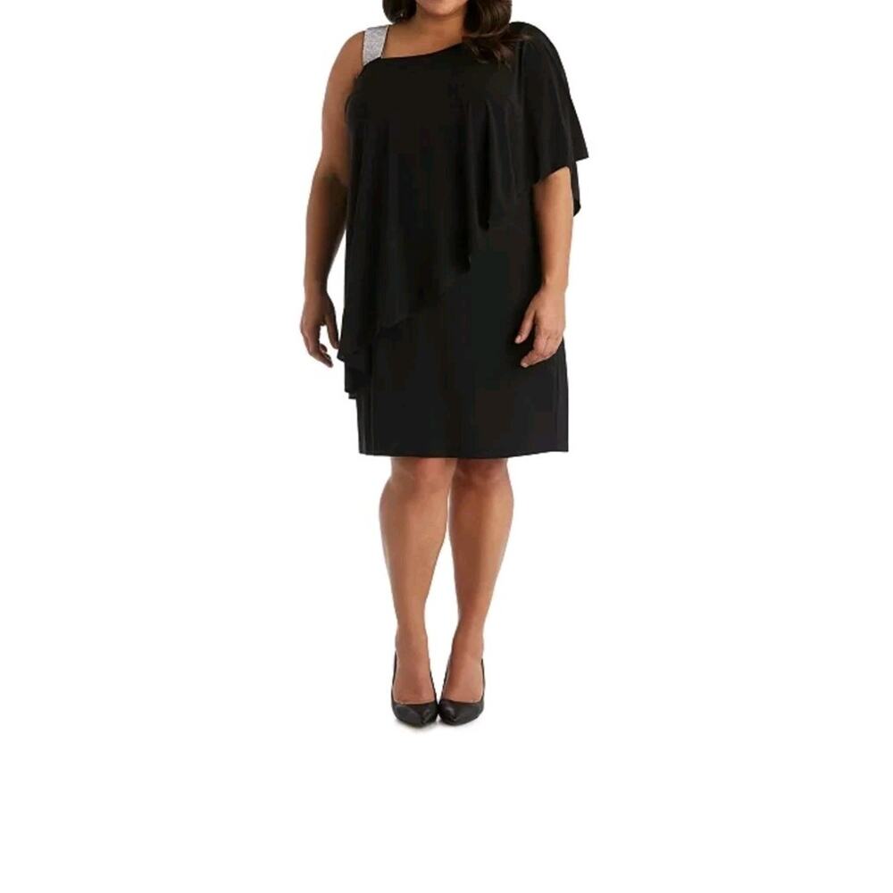R&M Richards Plus Size 20W(2X) Rhinestone Trim One Shoulder Black Dress Flowy